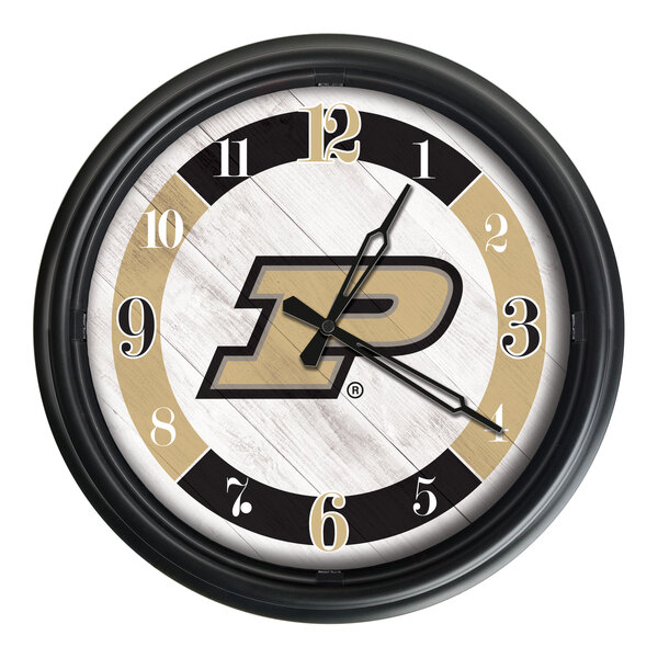 A round wall clock featuring the Purdue University logo and black and gold accents.