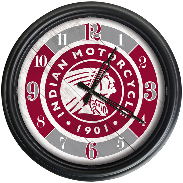 A white Holland Bar Stool clock with an Indian Motorcycle logo and text in red and white.