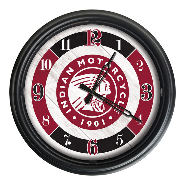 A Holland Bar Stool Indian Motorcycle LED wall clock with a black frame and red and black design.