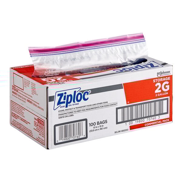A white box of 100 Ziploc® plastic bags with red and blue text and a clear plastic bag with a red zipper.