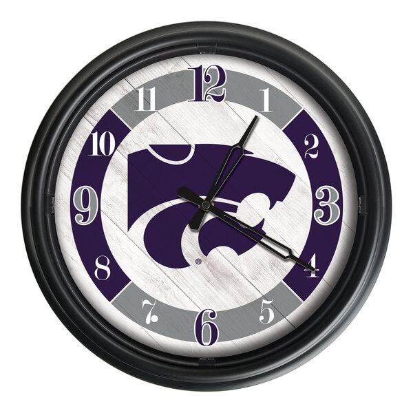 A round wall clock featuring the Kansas State University logo with a black frame and LED lighting.