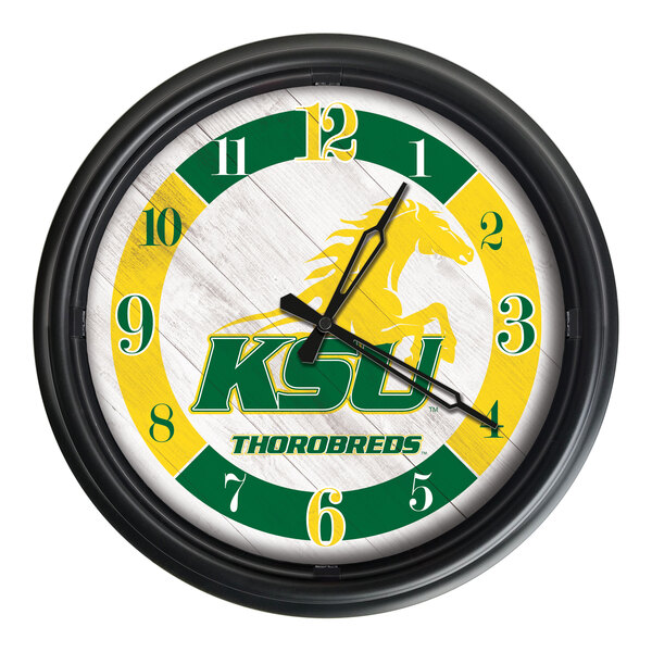 A round wall clock featuring the Kentucky State University Thorobreds logo and colors, designed for indoor or outdoor use.