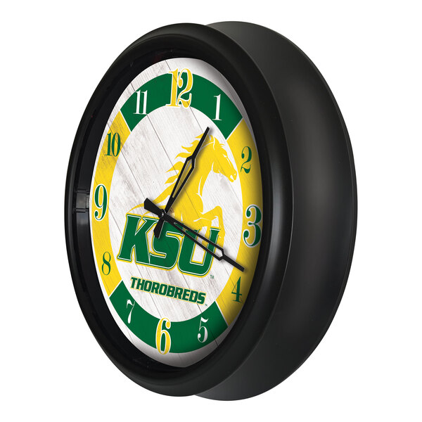 A round wall clock with a black frame featuring the Kentucky State University Thorobreds logo and green and yellow accents.