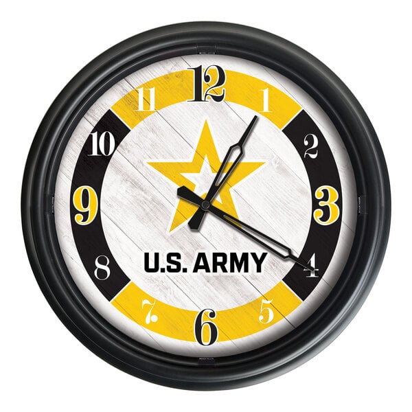 A white Holland Bar Stool United States Army clock with a yellow and black design.