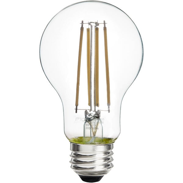 A TCP clear LED filament light bulb with a clear base.