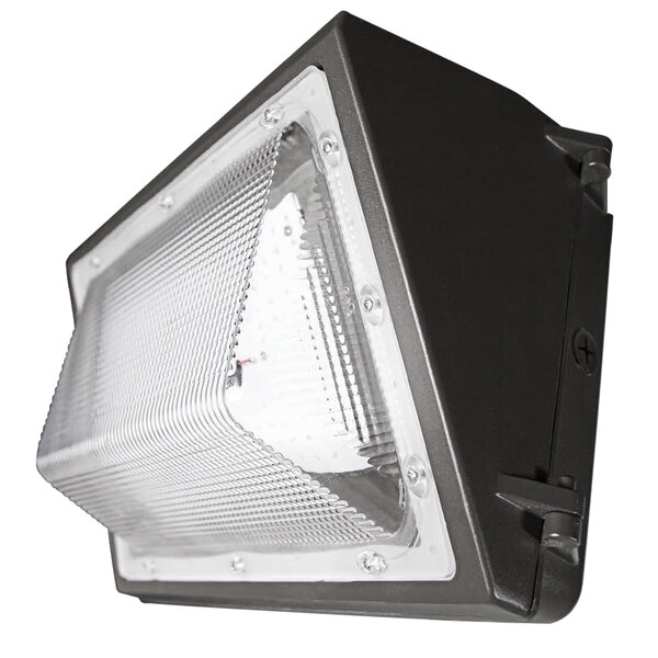 A close-up of a black TCP Elements LED wall pack light.