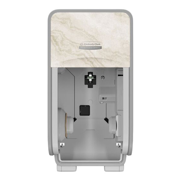 A vertical, wall-mounted dispenser with a marble-patterned front panel and an open compartment for holding toilet paper rolls.