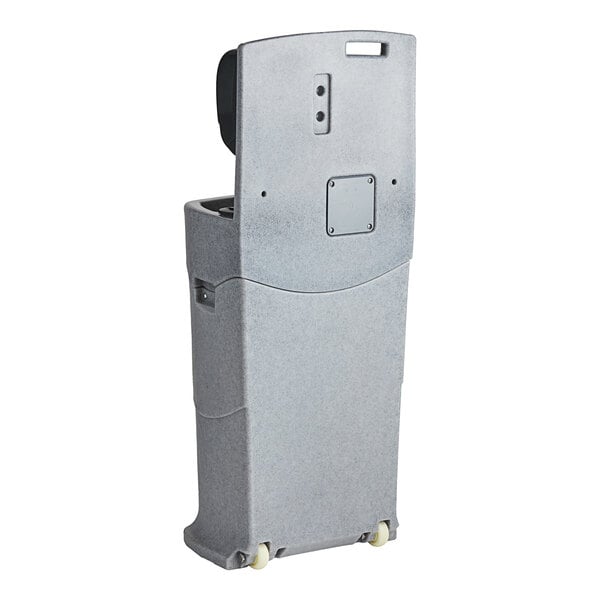 A grey rectangular Lavex mobile hand washing station with wheels and a lid.