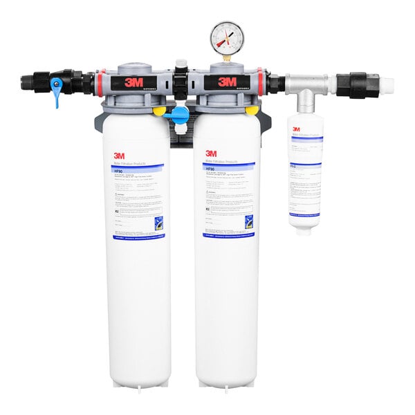 A 3M dual port water filtration system with white containers and blue labels on two water filters.