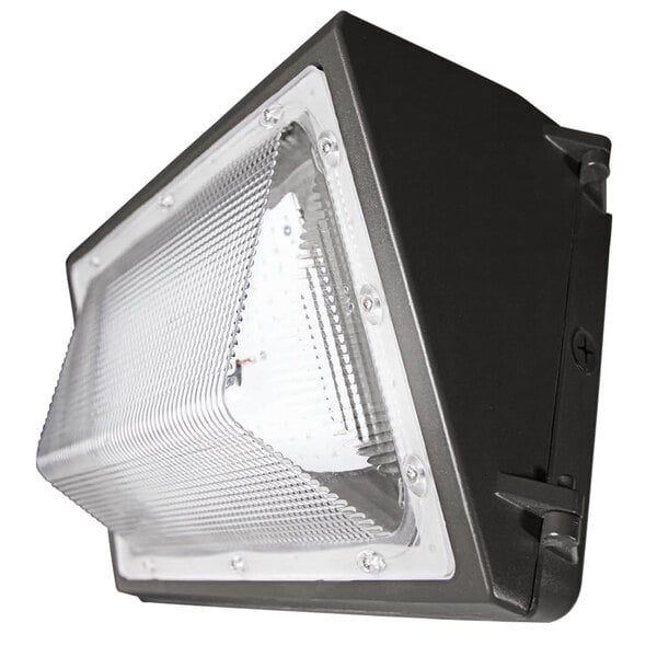 A TCP Elements LED wall pack light fixture with a photocell on a white background.