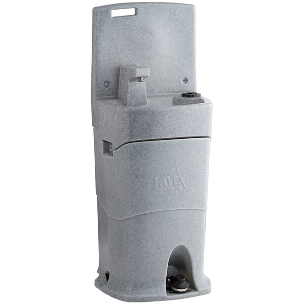 A grey plastic Lavex hand wash station with a black lid.