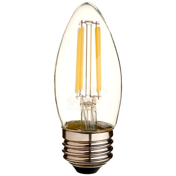 A TCP dimmable LED clear filament light bulb with a clear base and yellow filament.
