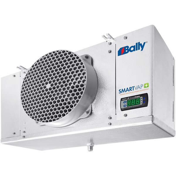 A close-up of a silver Bally air cooler with a round vent and a digital display.