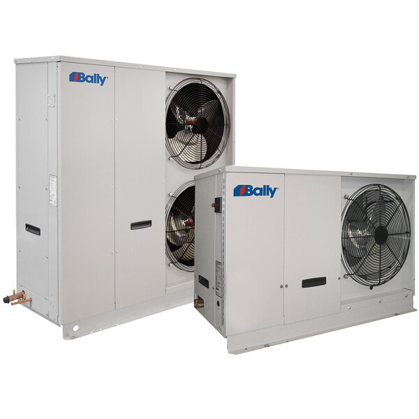 A Bally walk-in cooler with two white machines on top with fans.