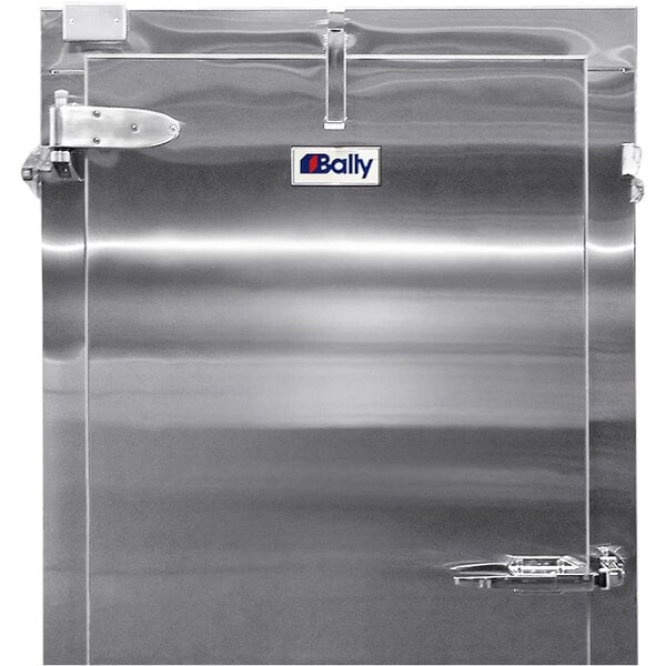The stainless steel door of a Bally walk-in cooler with a lock.