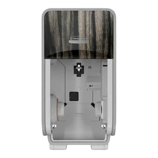 A vertical toilet paper dispenser with a woodgrain-patterned cover and an open compartment for holding rolls.