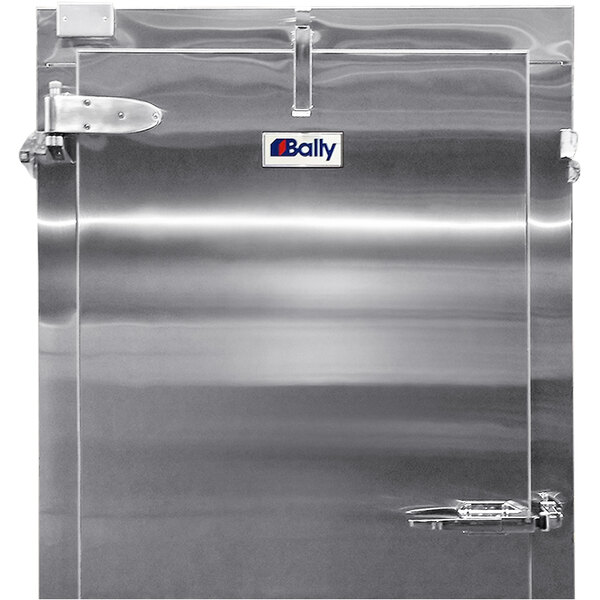 The stainless steel door of a Bally walk-in cooler box with a lock.