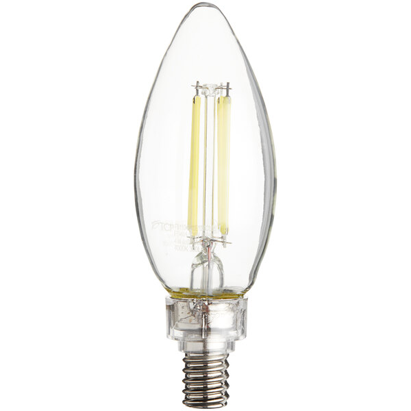 A close-up of a TCP clear LED filament light bulb with a clear base on a white background.