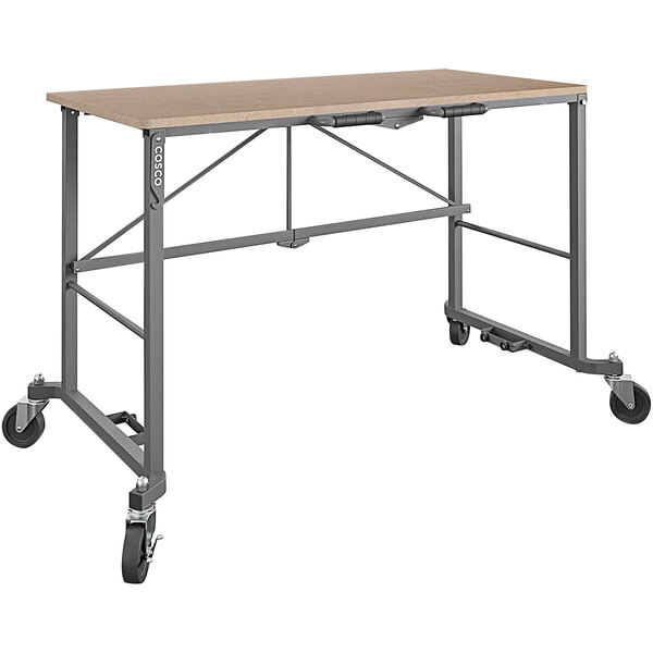 A Cosco portable folding work desk on wheels.