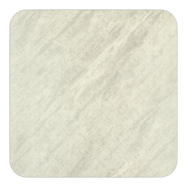 A square, reversible gray and white laminated bar height table top with a subtle textured pattern and rounded corners.