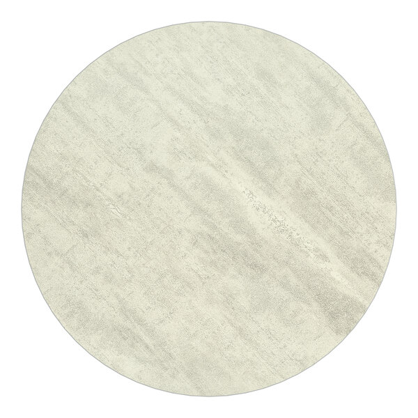 A round, reversible gray and white laminated table top with a standard height and a 17-inch cast iron base.