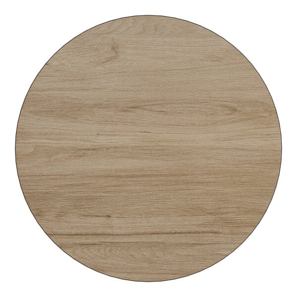 A round, reversible laminated bar height table top in a white birch and ash wood finish.
