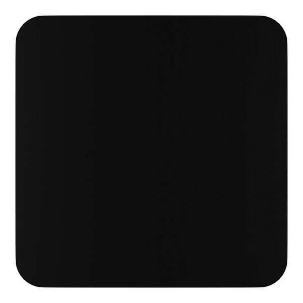 A square, black laminated bar height table top with rounded corners.