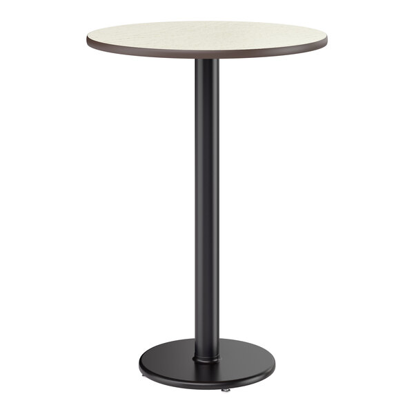 A round bar height table with a reversible white birch or ash laminated top and a black cast iron base.