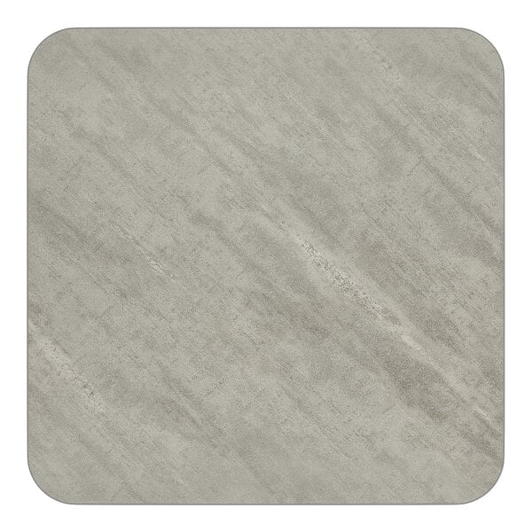 A square, reversible gray and white laminated table top with a standard height and a 22-inch by 22-inch cast iron base.