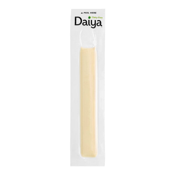 A white package of Daiya Vegan Mozzarella-Style Cheese Sticks with a yellow border.