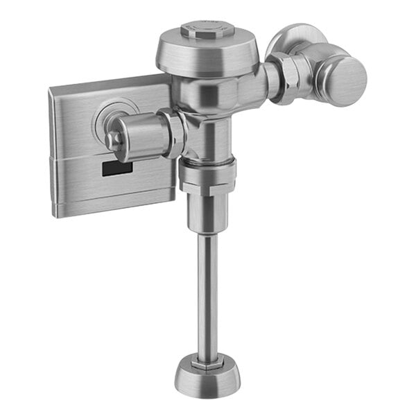 A close-up of a metal Sloan urinal flushometer with a brushed nickel finish.