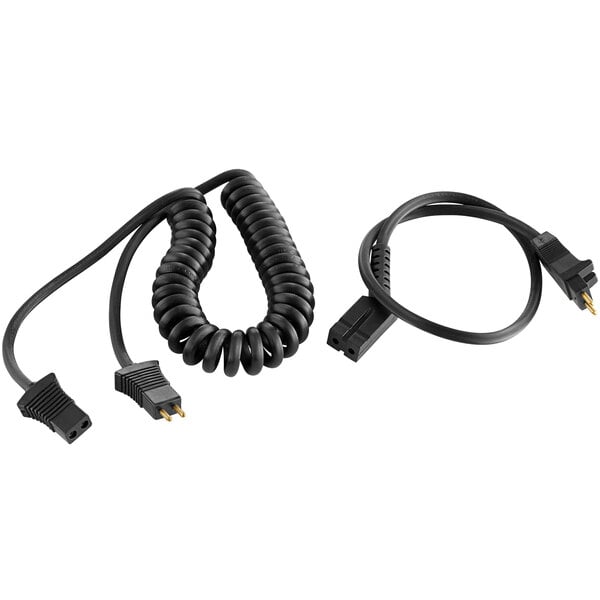 A pair of black corded cables with two connectors.