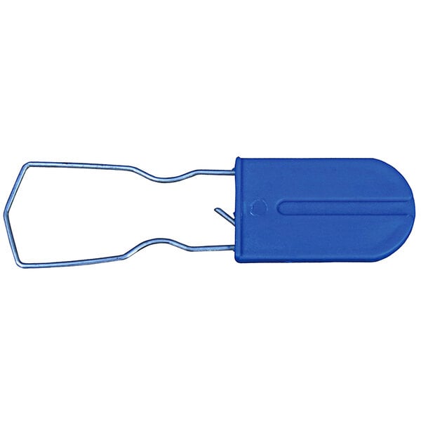A blue rectangular plastic security seal with two hooks.
