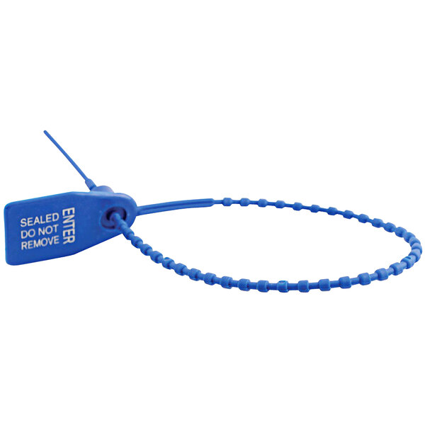 A close-up of a blue plastic tag with a blue cable.