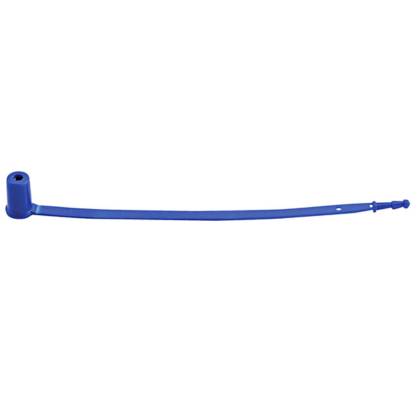 A blue rectangular Vestil polypropylene security seal with a pipe.