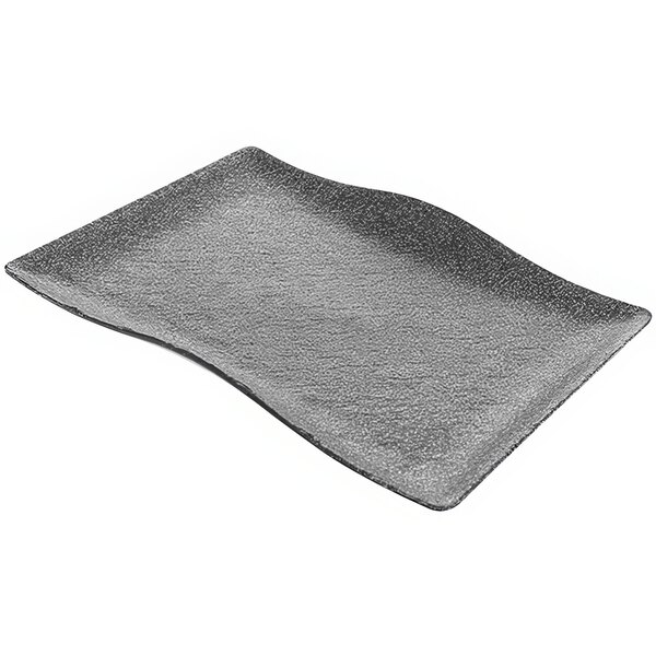 A cheforward stone grey rectangular melamine platter with a wavy edge.