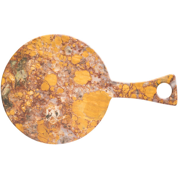 A marbled round cheforward melamine serving board with a handle.