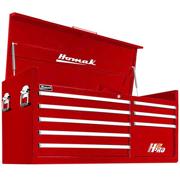 A red Homak top chest with drawers and handles and white text.