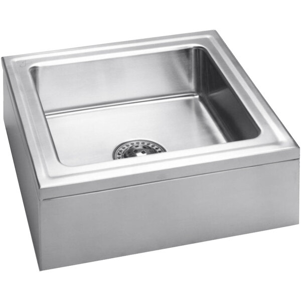 A Just Manufacturing stainless steel floor mop sink with a drain.