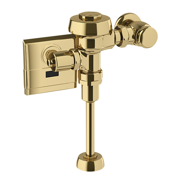 A gold Sloan urinal flushometer with a lever.