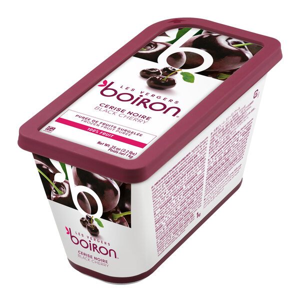 A rectangular container of Les Vergers Boiron Black Cherry 100% Fruit Puree.