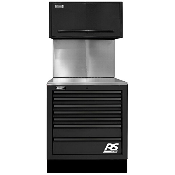 A black Homak 7-drawer tool cabinet with a stainless steel top.