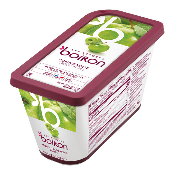 A rectangular container of Les Vergers Boiron Green Apple 100% Fruit Puree weighing 2.2 pounds.