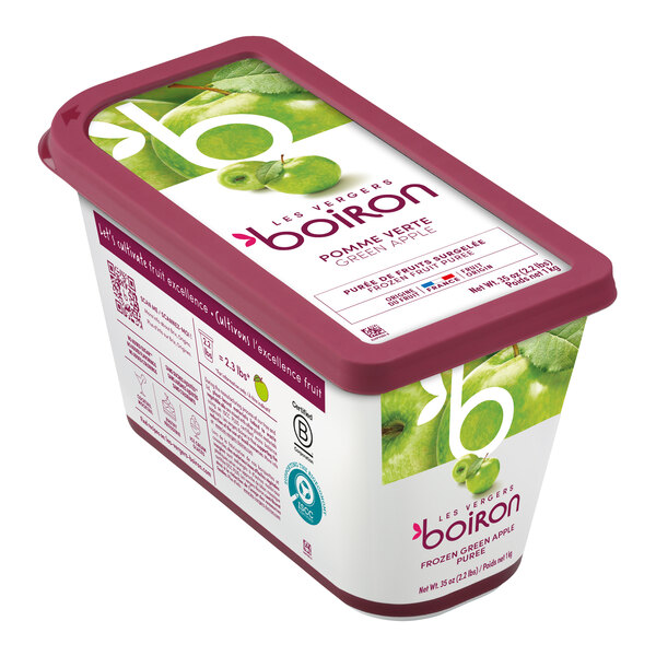 A rectangular container of Les Vergers Boiron Green Apple 100% Fruit Puree weighing 2.2 pounds.