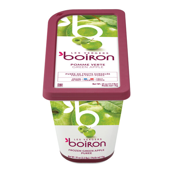 A container of Les Vergers Boiron frozen green apple fruit puree weighing 2.2 pounds.