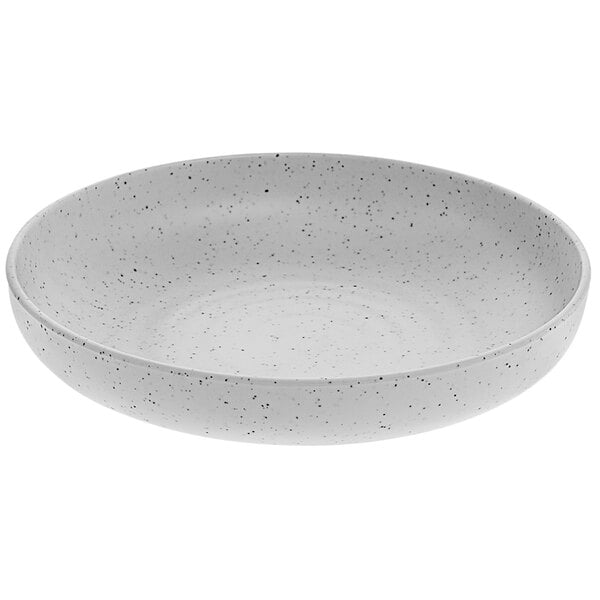 A white melamine bowl with a speckled design.