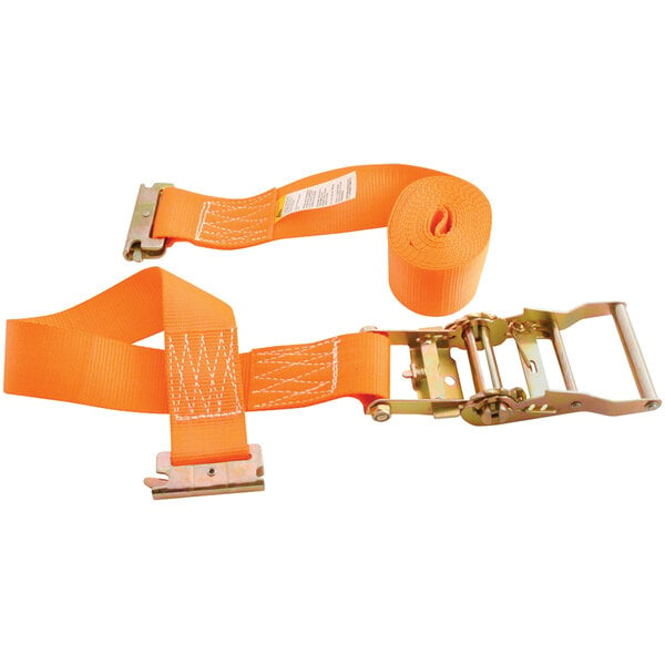 An orange polyester cargo strap with a metal E-clip.