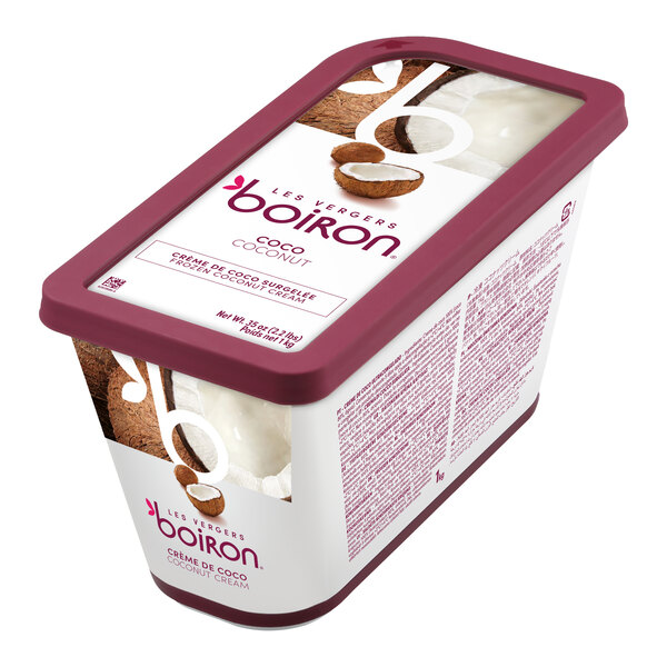 A rectangular container of Les Vergers Boiron Coconut Cream 100% fruit puree weighing 2.2 pounds.