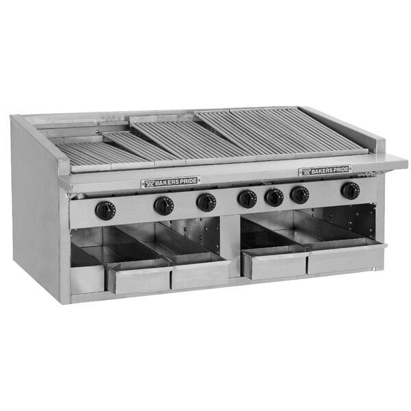 A large stainless steel Bakers Pride charbroiler on a counter.