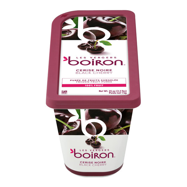 A container of Les Vergers Boiron Black Cherry 100% Fruit Puree weighing 2.2 pounds.